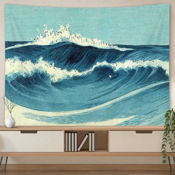 Retro Ocean Tapestry Vægophæng, Vintage Blå Akvarel Ocean
