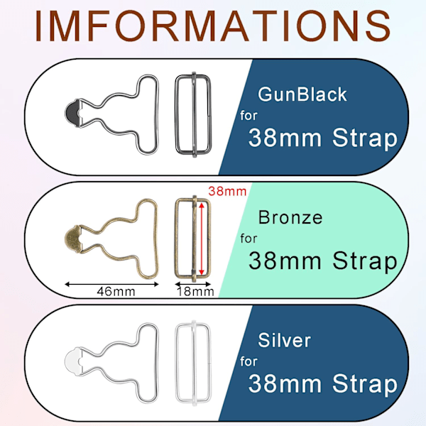 6 sæt 1-1/2\" Overalls Spænder Udskiftning, Seler Spænde Metal Bib Clip Lås med Justerbar Tri-Glide Slide Spænde