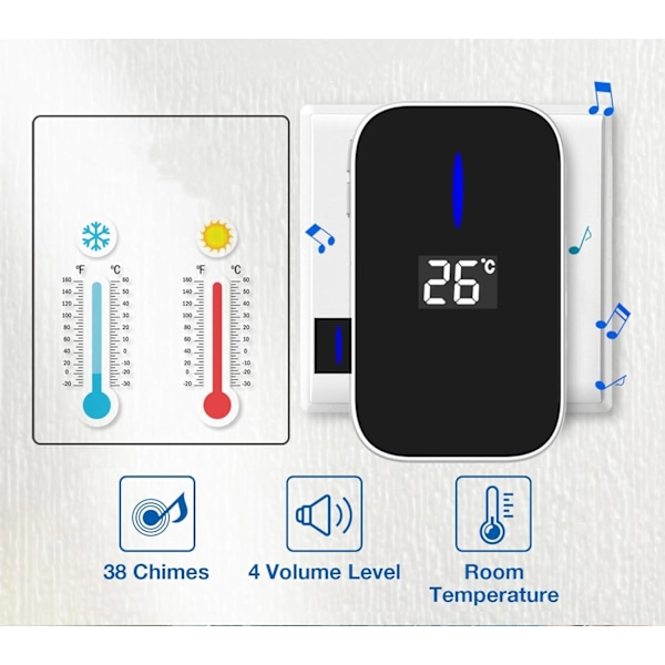 Trådlös dörrklocka (Vit, 1+1), Batterifri Trådlös Dörrklocka, Självförsörjande Dörrklockaknapp Elektronisk Klocka Kit Tempera