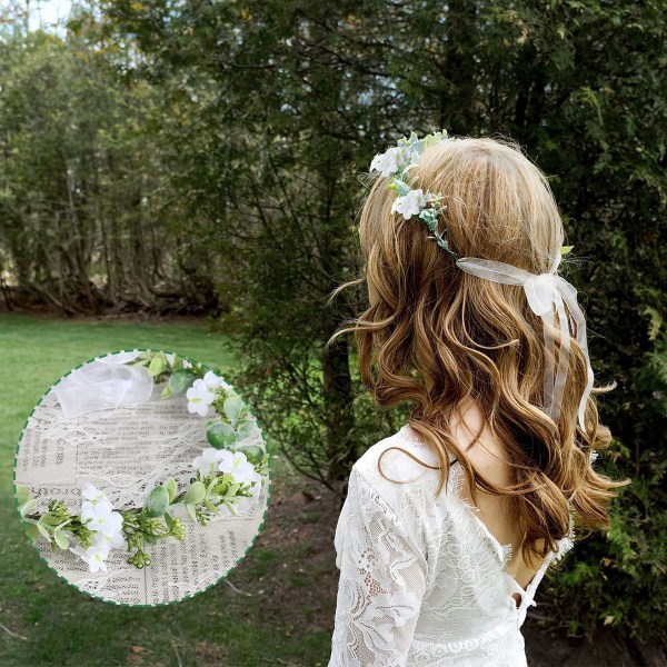 Blomsterkrone for hår, Boho kunstig bryllupsblomsterkrone for jente kvinner, hvit blomster C