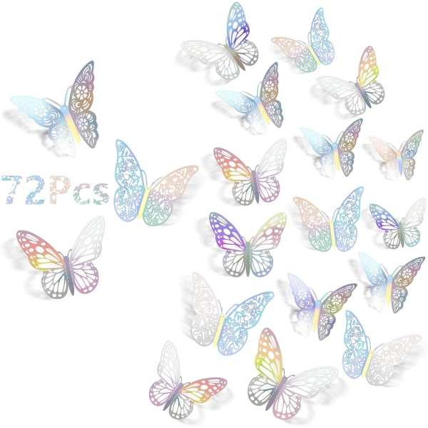 3D sommerfugle vægdekoration, 72 stykker 3 størrelser 3 stilarter, fjernelse