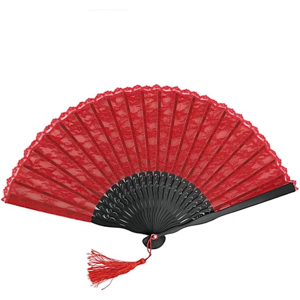 (Rød) Retro Lace Håndvifte Bambus Folding Fan Håndholdt Vifte