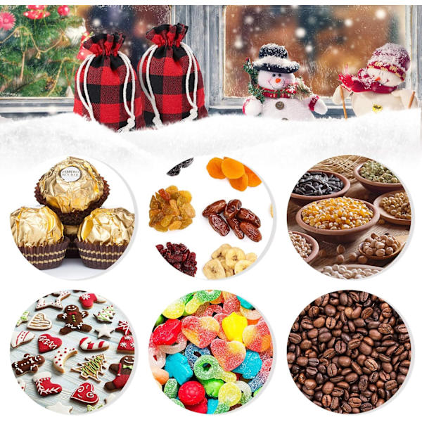 24 Styk Gaveposer Buffalo Plaid Burlap Snørepose Vaskbar Bomuld Julepose til Slikindpakning Julefest Favorit (Gen