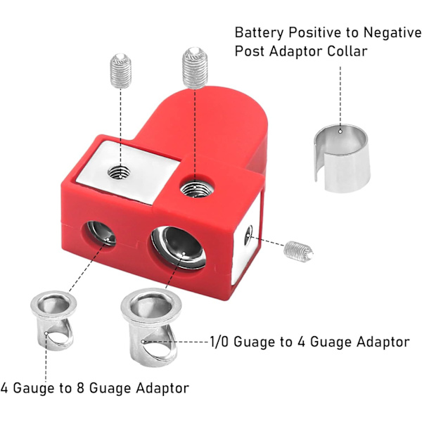Massiva Batteripoler i Mässing, Positiv & Negativ, med Adapterkragar, 1X0/2/4 Gauge & 1X4/8 Gauge Uttag, Toppmonterade