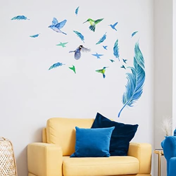 (30×60×0.2cm) Blå fjäder väggdekaler Kolibri väggdekaler för vardagsrum Sovrum Matrum Dekoration