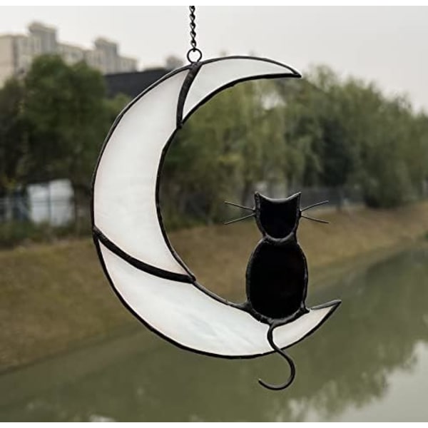 Sort Kat Dekoration På Hvid Måne Farvet Glas Vindue Hængende Solfanger Til Vinduespaneler Solfanger Halloween Ornament