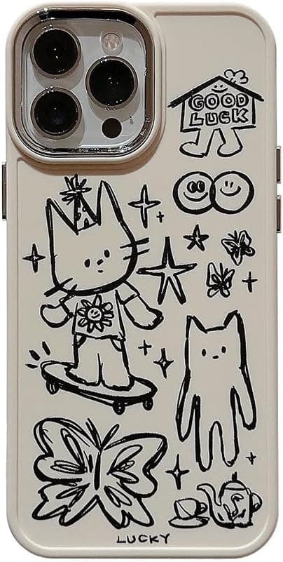 Designet til iPhone Case, Sød Kat Sommerfugl Stjerne Heldig Linje Tegning Blød Telefon Case (Hvid, til iPhone 16 Pro Max)