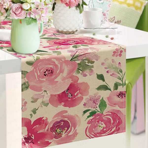 1 st Vår Sommar Akvarell Blomma Bordslöpare, Rosa Pion Blommig Kök Matbord Dekor, Säsongsbetonad Säckväv Hem D