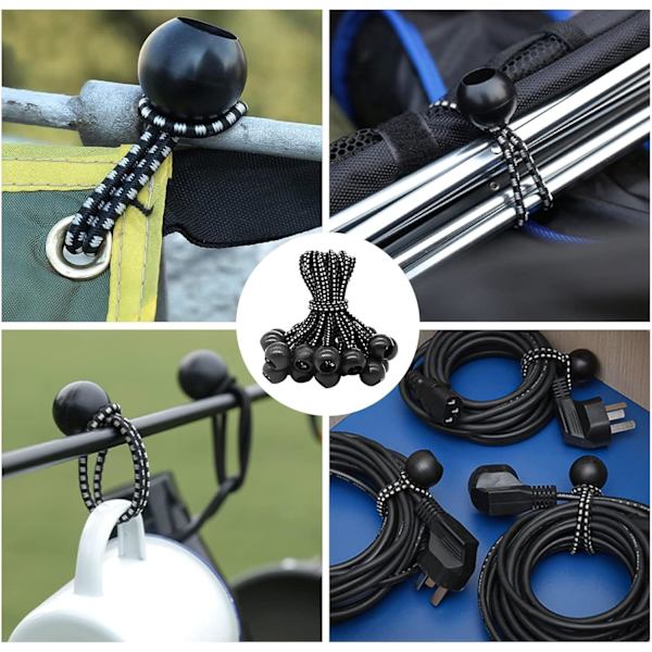 50 bungee-snører med ball 100mm for telt, presenninger, plakater, presenningstrammer, forlengelsesringer, presenningstativ