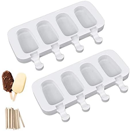 21,5x13x2,2CM   Ispopskeforme Sæt af 2, Ispopskeforme Silikon 4 Hulrum Isvaffel Oval Kagepopskeform med 50 Træpinde