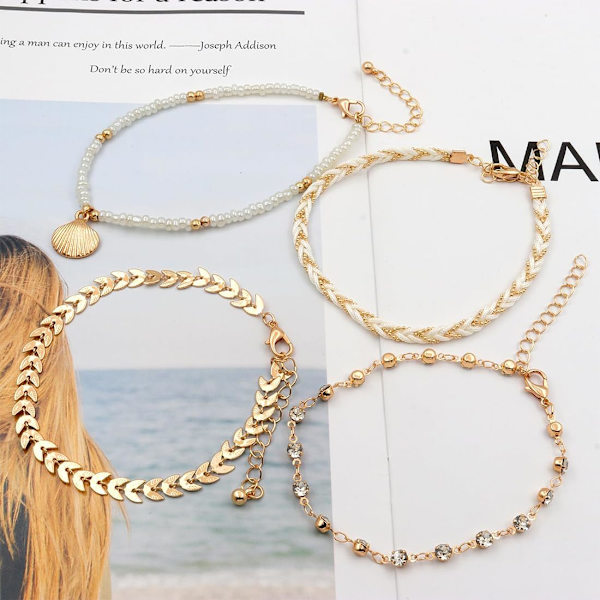 (hvit) 4 stk Boho Perle Ankelkjetter Flerlags Sølv Ankelkjede Brtacelets Strand Tilbehør