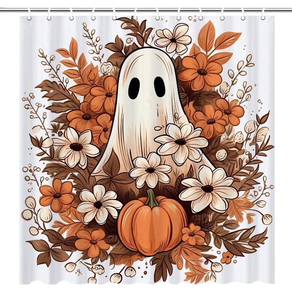 1 stk Halloween Spøgelsesgræskar Bruseforhæng til Badeværelse, Vandafvisende Efterårs Blomster Bruseforhængssæt med 12 H