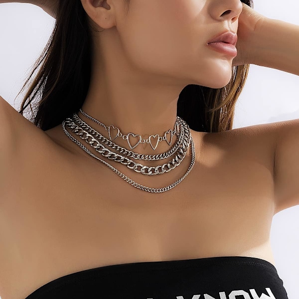 Enkel Hjerte Halskæde Lolita Choker Kæde Lagdelt Cuban Tyk Sølvkæde Halskæde til Kvinder Mænd Chic y2k Tøj Smykke