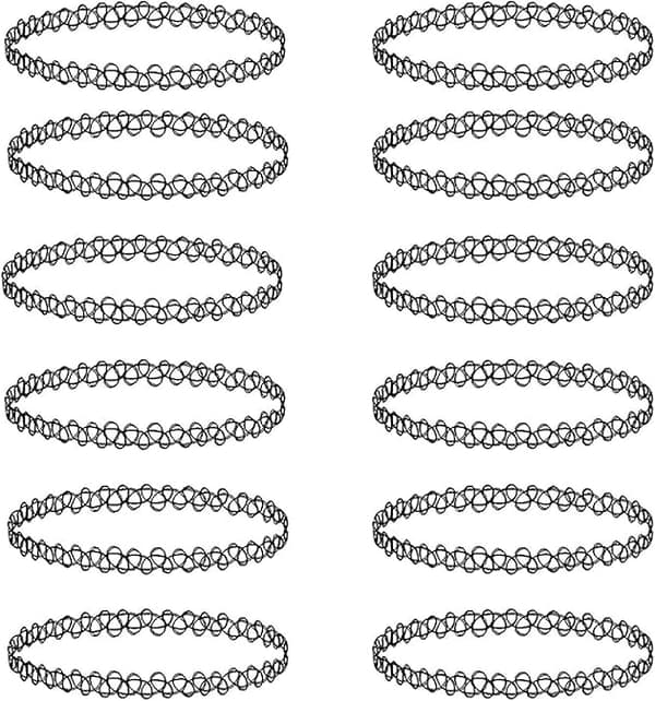 12 stk. Tattoo Choker Halskæde Sort - Strækbar Elastisk Halskæde