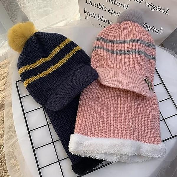 Vinter Varma Barn Stickad Fleece Mössa Hatt med Visir Huva E