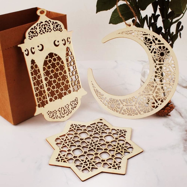 6 stykker trepynt, Eid-pynt DIY-dekorasjoner med