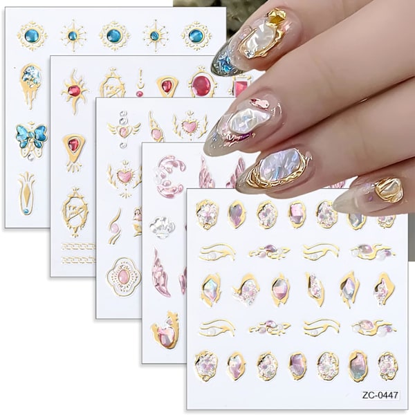 5 ark 5D Bronzing Nail Art Stickers Dekaler, Fishtail Shell Präglade Självhäftande Nagelstickers Ädelsten Blomma Hjärta Sol Guld Metall Design Nagelkonst