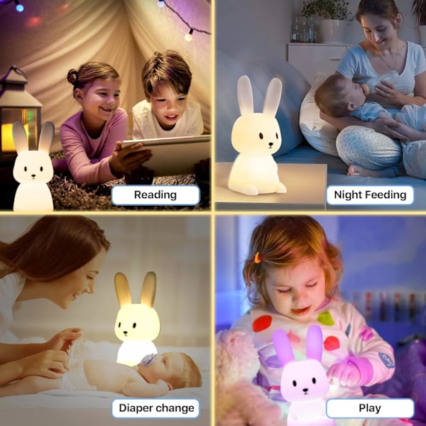 Baby Kanin Natlampe med 7 Lysændringer Trykstyring USB-opladning Timerfunktion Sengelampe til Børneværelse Gave Legetøj Silikone Natlampe til Børn