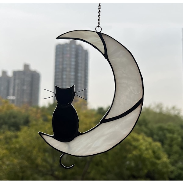 1 st svart katt dekoration på vit måne målat glasfönsterhängande solfångare för fönsterpaneler solfångare Halloween prydnad