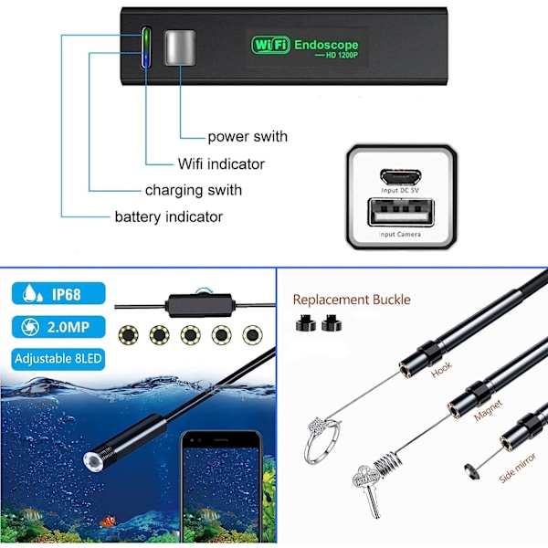 WiFi-endoskooppi USB-tarkastuskamera, 2 megapikselin 1200P HD-endoskooppi