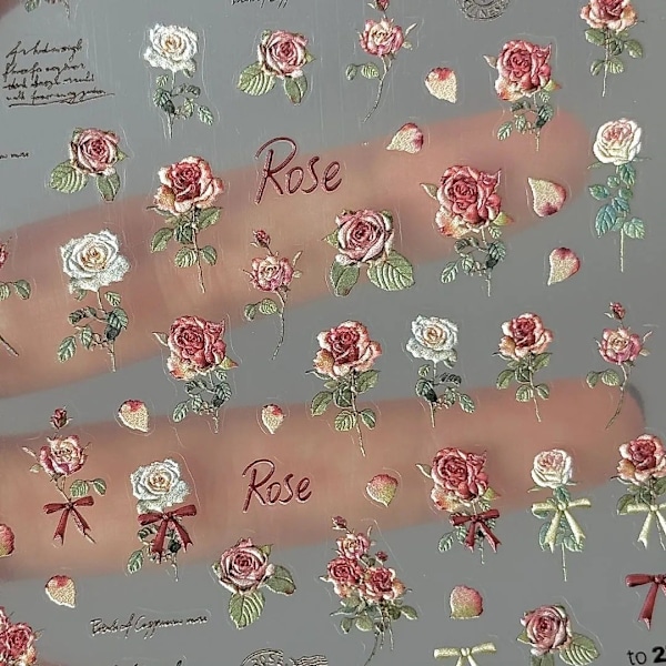 4 Ark Retro Blomster Neglekunst Stickers 5D Præget Luksus Negle Dekaler Forår Rose Blomster Negle Design Hvide Blomster Negle