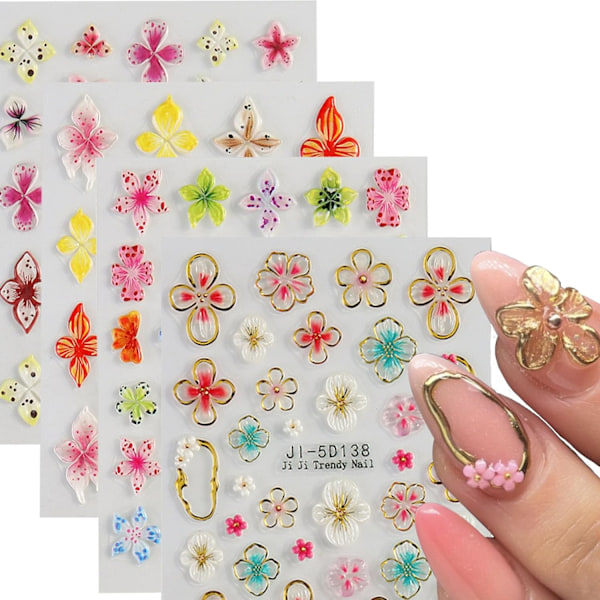 4 ark Nagelstickers Självhäftande Nagelstickers Färgglada 3D Blommor Floral Nagelstickers Konstdesign Tillbehör Hög Kvalitet