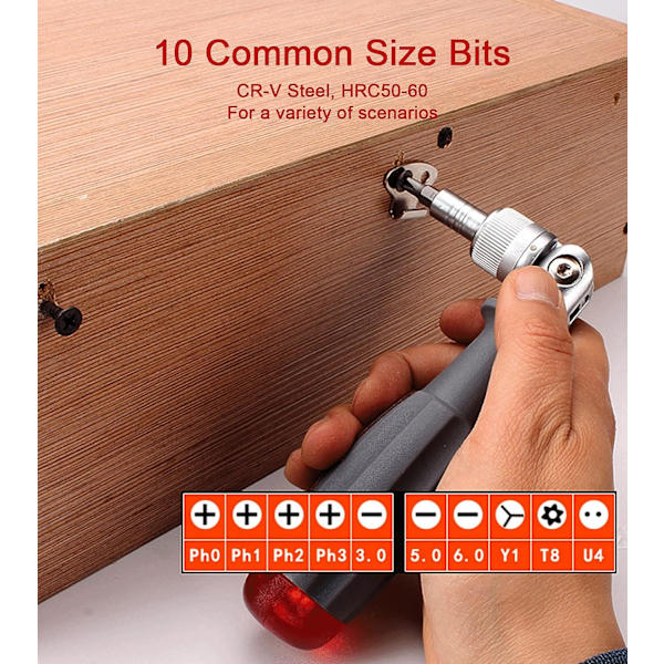 Punainen, 1-osainen räikkäruuvimeisseli magneettisella monikärjellä, 10