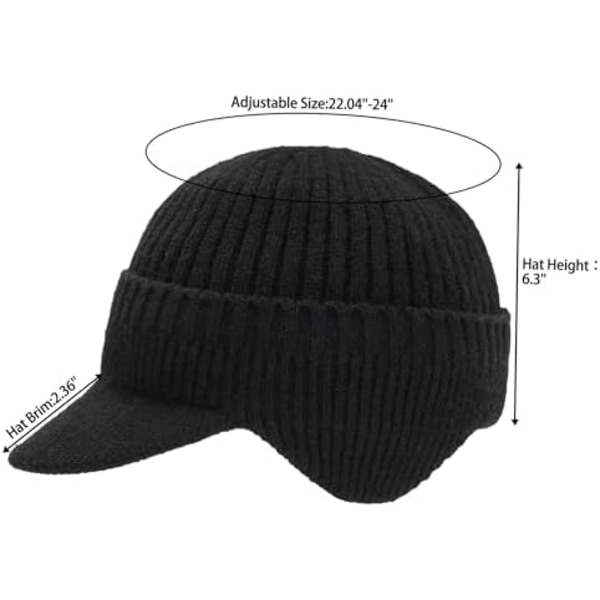 Mænd Vinter Visir Kant Øreklapper Beanie Hat Strikket Tyk Plushed Foring Skullies Baseball Cap Vindtæt Halsvarmer