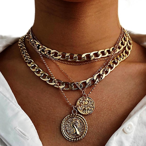Punk Cuban Chunky Chain Guld Choker Lagt Halskæder Lagdeling Mønt Vedhæng Halskæde Flad Curb Tyk Kæde Multilayer Ne
