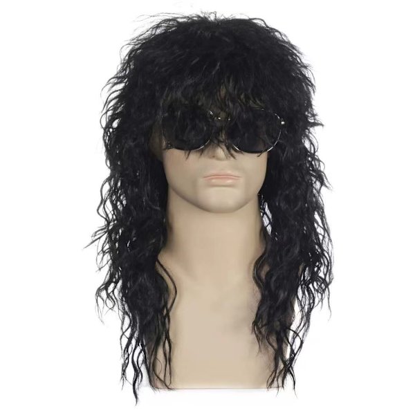 80-tals peruk för män svart mullet peruker halloween kostym manlig peruk punk heavy metal rocker lång lockig peruk