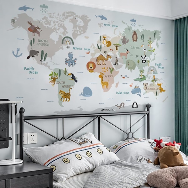 1 st Animal World Map Väggdekaler Cartoon Lejon Björnar Resa Väggdekaler Baby Barn Sovrum Barnkammare Småbarnsrum Vägg S