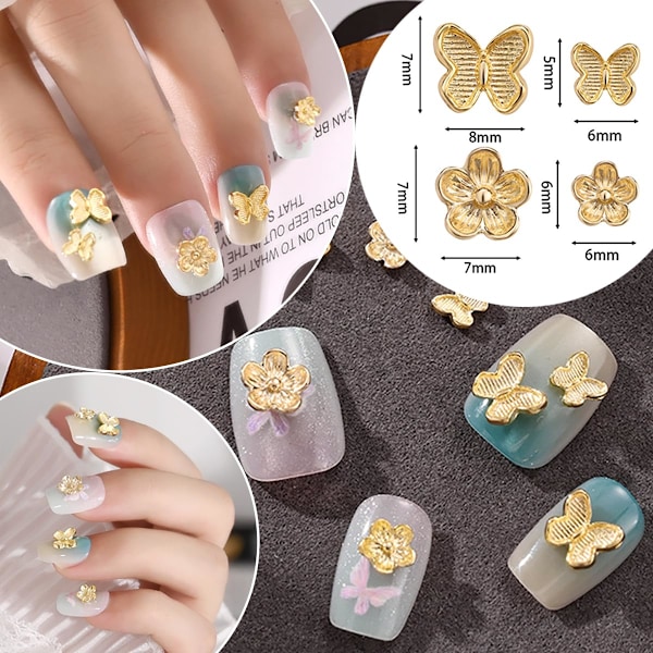 40 st Blommor Fjäril Nagelberlocker och Ädelstenar Metall Blommor Fjäril Nagelsmycken Berlocker Design 3D Guld Glänsande Kristall Nagelkonst Berlocker Strass