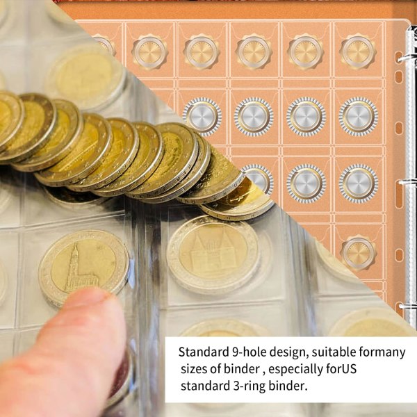 6 ark møntbinder, plastik møntalbumlommer med 9 standardhuller 42 rum til møntsamling