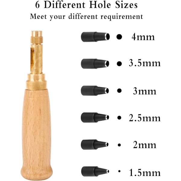 Automaattinen nahkareikätyökalu, puukahva, 6 kirjansidonnan työkalukärjellä, 1,5 mm, 2 mm, 2,5 mm, 3 mm