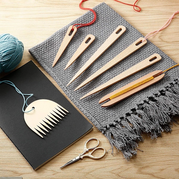 7 Deler Treskaft Vevsett Inkluderer 5 Deler Heklenål i Tre med Skyttler Vevpinne og Vevkam for Strikkede Håndverk DIY