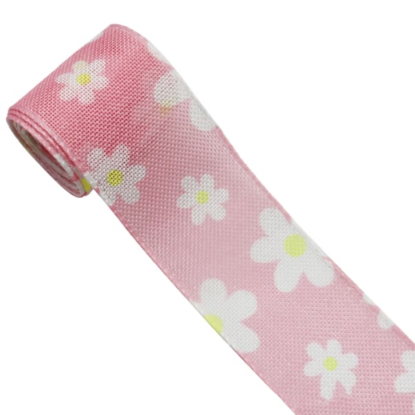 Blomstermønster Wired Edge Ribbon Daisy Flowers Lys Pink Canvas