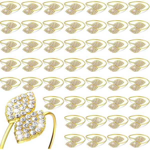 12-pack Servettbordsringar i Guld med Bling, Metallblad, Servetthållare, Rhinestone-spänne för Bröllop, Jul