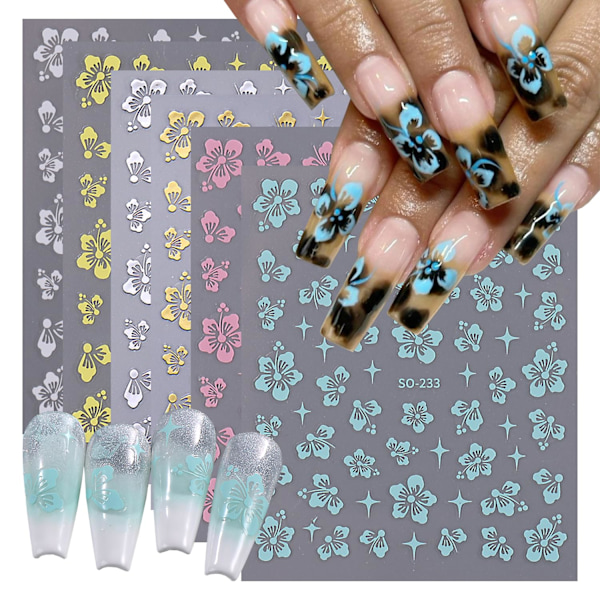 6 Ark Hibiskusblommiga Nagelstickers för Nagelkonst, Eleganta Blommiga Blad Nageldekaler Blå Rosa Hibiskusdesign Blommiga Naglar