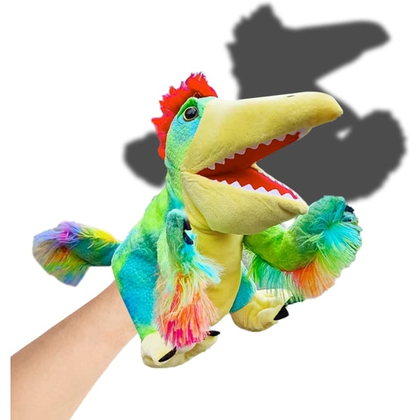 Dinosauruksen käsinukke, värikäs ja persoonallinen realistinen pehmo, Raptor-lelu, lahja lapsille.