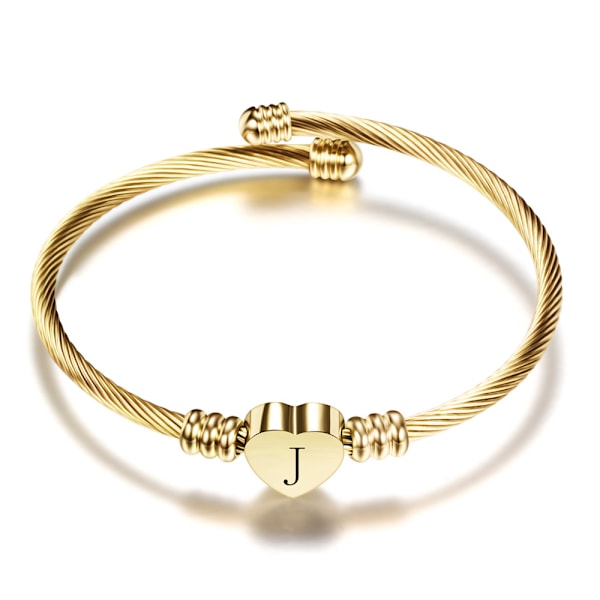 Kvinde Forgyldt Hjerte Initial J Bogstav Manschet Armbånd Udvidbart Rustfrit Stål Fødselsdag Smykker