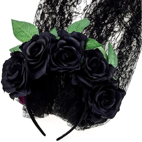 Dia de los Muertos hovedbeklædning rose krone Halloween hovedbeklædning med slør Black