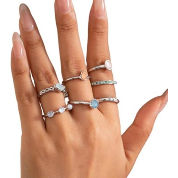 7 st. Statement Enkla 14K Guldringar Set för Kvinnor, Trendig Charm Tiny Stacking Bling Zirkon Silver Fingerringar Söt Pro