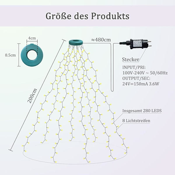 Julgransljus, 2M 280 LED Julgransljus med Ring och 8 Ljuslägen, Vattentät Inomhus