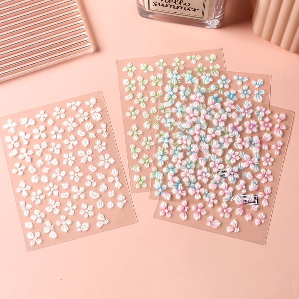 5D Präglade Blommor Nagelstickers för Nagelkonstdesign, 4 Ark Vår Körsbärsblom Blomblad Självhäftande Nageldekaler, Holografiska Sakura Folier