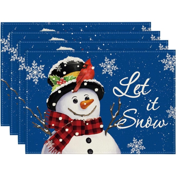 (C)Christmas Placemats Set of 4, Snowman, Red Pine Sashes, Holida