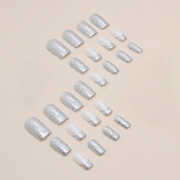 Lösnaglar Medium Längd Silver Fransk Design Falska Naglar Silver Glitter Puder Paljetter Design Falska Naglar Fyrkantiga Naglar 24st Full Täckning Glansiga Återanvändbara C