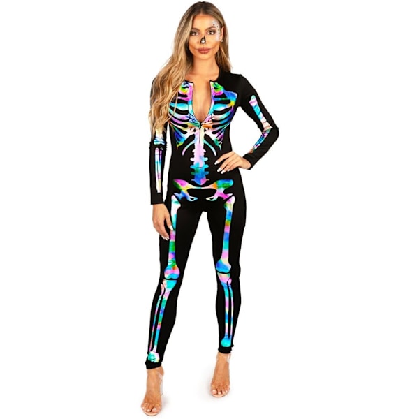 1 stk Halloween slim fit charmerende skelet jumpsuit, kvinders sexede skelet kostume L