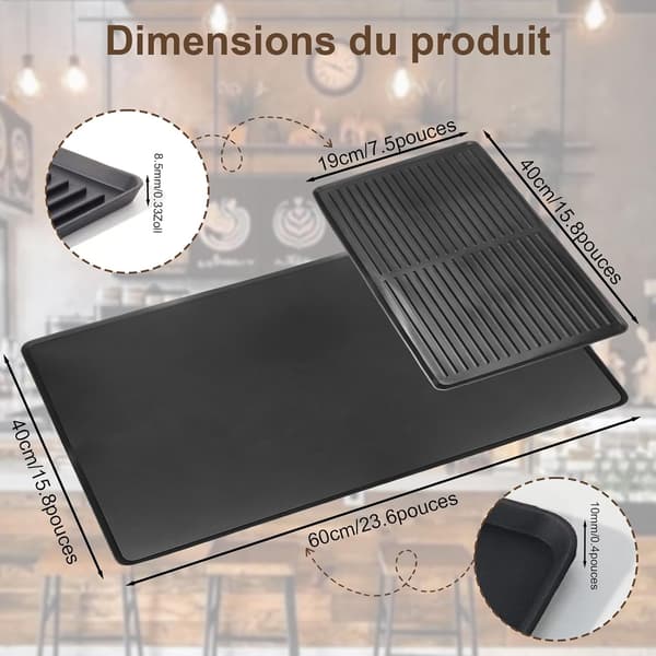 2-delt silikone-måtte til kaffemaskine | Opvaskemåtte + kaffemaskineunderlag, 60x40 cm sort absorberende måtte, praktisk silikone