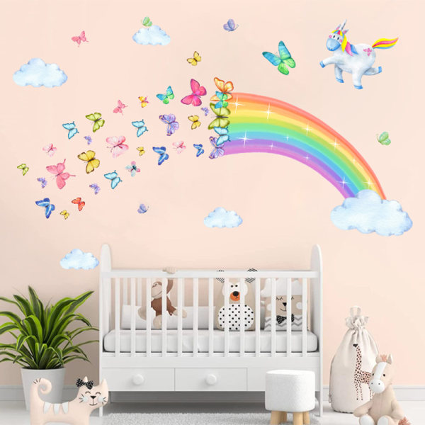 Tarrat Muraux Arc en Ciel Licorne Autocollant Mural Papillons