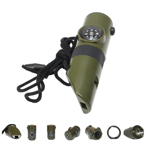 2-pack 7-i-1 grön överlevnadspryl visselpipa kompass termometer ficklampa